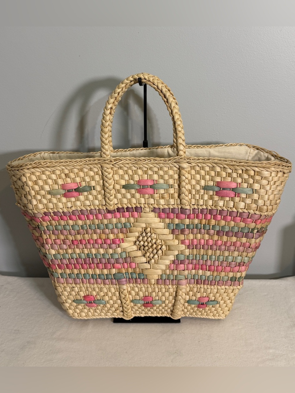 Vintage Straw Tote Market Bag Woven Pastel Pink Blue Purple Diamond Pattern - Picture 3 of 16